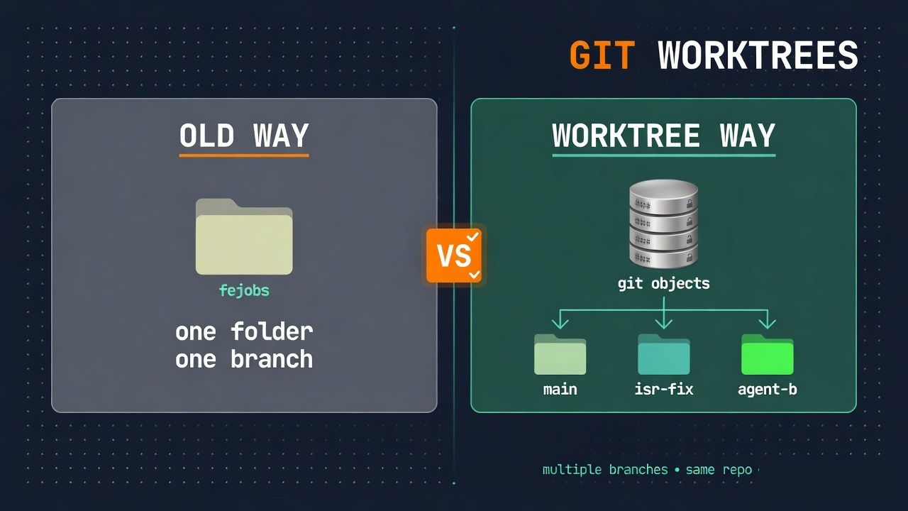 Old mental model versus a real Git worktree: one object database, several working directories