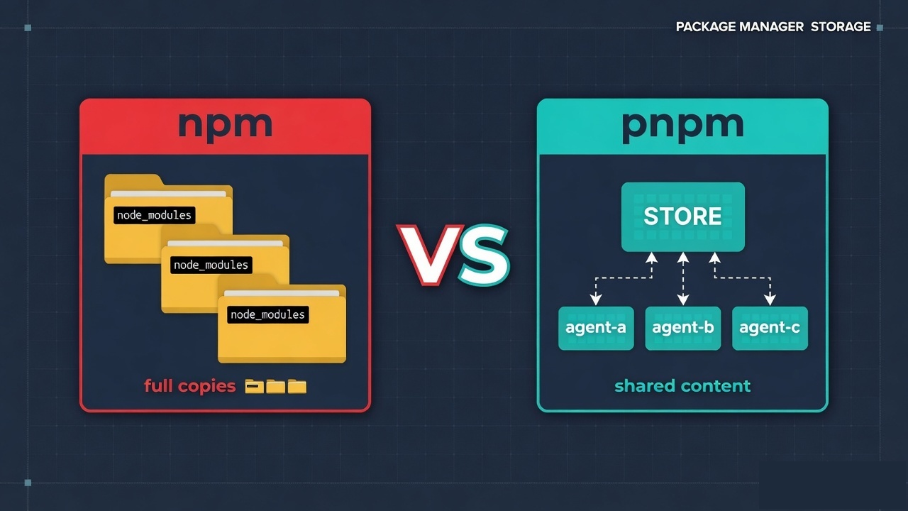 Five isolated worktrees under npm each get a full node_modules copy; under pnpm they hard-link one store