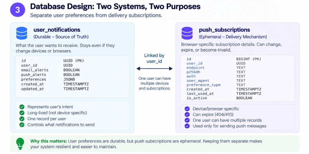 Database Design: Two Systems, Two Purposes — Separate user preferences from delivery subscriptions